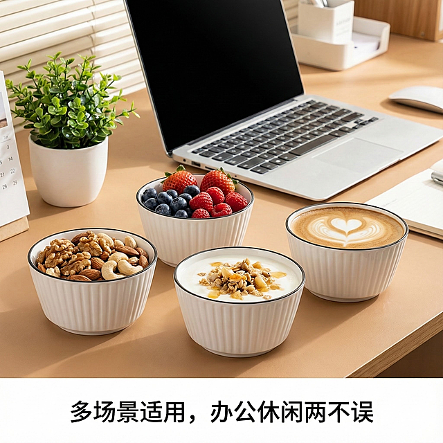 这是一只陶瓷碗，其名称为山田竖纹美式碗，碗口直径为4.5英寸。我给你提供了一张白底图，请根据我的白底图，帮我绘制6张不同角度的场景图。每张场景图比例为1：1，内容是将这只碗与不同的日常生活场景结合，并配上简要的卖点介绍。特别注意生成的场景图中，必须包括4个这样的碗，每个碗的造型、颜色或者样式都不能改变，必须和我提供的图片中的碗一样。碗的大小、摆放角度、位置可以根据场景的不同进行调整。