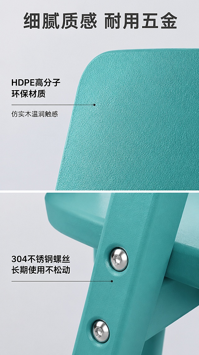 [第6屏] 材质细节微距，放大展示HDPE高分子材质纹理和304不锈钢螺丝细节。本屏使用【图1】的细节进行放大生成。
[氛围/风格] 微距特写，质感展示，专业可信风格。
[元素布局] 画面分为上下两部分，上半部分放大展示椅身材质纹理，下半部分放大展示不锈钢螺丝连接部位，分别说明材质优势；背景简洁突出细节。
[光影质感] 侧光照明，突出材质纹理和金属光泽，细节清晰可见。
[配色色系] 浅灰背景，湖绿色材质，银色不锈钢螺丝，黑色说明文字。
[视角构图] 微距特写构图，上下分区，细节展示清晰。
[文字版式] 顶部标题「细腻质感 耐用五金」，上半部分标注「HDPE高分子环保材质 仿实木温润触感」，下半部分标注「304不锈钢螺丝 长期使用不松动」；文字清晰，细节说明到位。
[比例分辨率] 9:16竖版比例，4K分辨率，文字清晰可辨，高清画质。
[负向提示词] 纹理模糊，细节不清，螺丝变形，文字错乱，文字过小，水印。