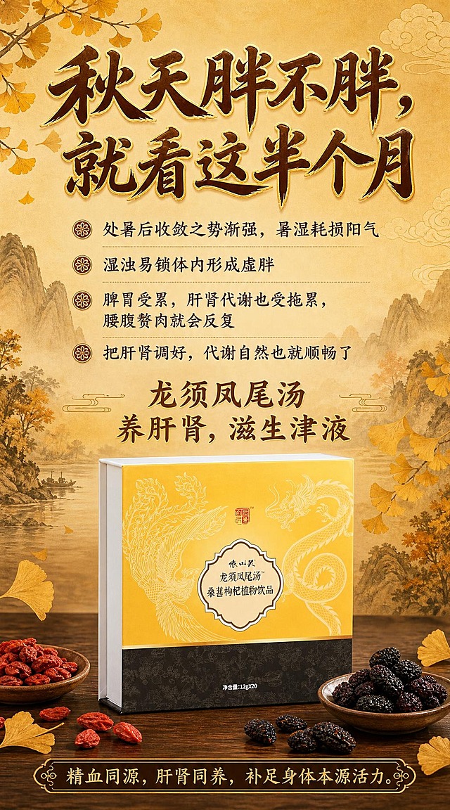 秋季养生国风竖版海报，温润金黄暖调，新中式工笔风格。背景为浅金色到暖赭石色的柔和渐变，点缀淡雅的水墨山水剪影、银杏叶和祥云纹样，营造处暑时节的沉静养生氛围。

【产品保真】画面中下部展示依山笑龙须凤尾汤桑葚枸杞植物饮品包装盒，100%还原上传商品图的产品外形、包装、LOGO、印刷文字、净含量，以上传图为唯一商品主体来源，完整保留原图中的盒型、轮廓、结构、比例、标签版式、品牌logo、龙凤纹样、颜色（上黄下黑）与正面朝向，包装配色与产品结构均与上传图保持一致；正面朝向以品牌与标签主要信息清晰可读为准。产品下方有柔和投影，放置在深木色台面上，周围点缀几片枸杞和桑葚干作为装饰。

【顶部主标题区】
画面顶部醒目大字主标题："秋天胖不胖，就看这半个月"，书法风格字体，深棕色或深赭石色，带金色描边，大气醒目。

【痛点文案区】
主标题下方为痛点说明区，分三段清晰排版，配简约中式图标：
"处暑后收敛之势渐强，暑湿耗损阳气"
"湿浊易锁体内形成虚胖"
"脾胃受累，肝肾代谢也受拖累，腰腹赘肉就会反复"
"把肝肾调好，代谢自然也就顺畅了"
文字为深棕色，清晰易读，每段前有小圆点或中式纹样装饰。

【产品主张区】
产品上方有产品主张标题："龙须凤尾汤 养肝肾，滋生津液"，字体稍大，金色或深棕色。
产品下方收尾文案："精血同源，肝肾同养，补足身体本源活力。"

【版式】上半部分文字区占约55%，下半部分产品区占约45%。排版精美，层级分明，主标题大气，正文清晰，产品突出。四周留有安全边距。整体色调以金黄、暖棕、深褐为主，与产品包装的黄黑配色协调呼应。画面中所有信息区域必须填充完整合理的内容，不得出现空白框。所有文字清晰可读。