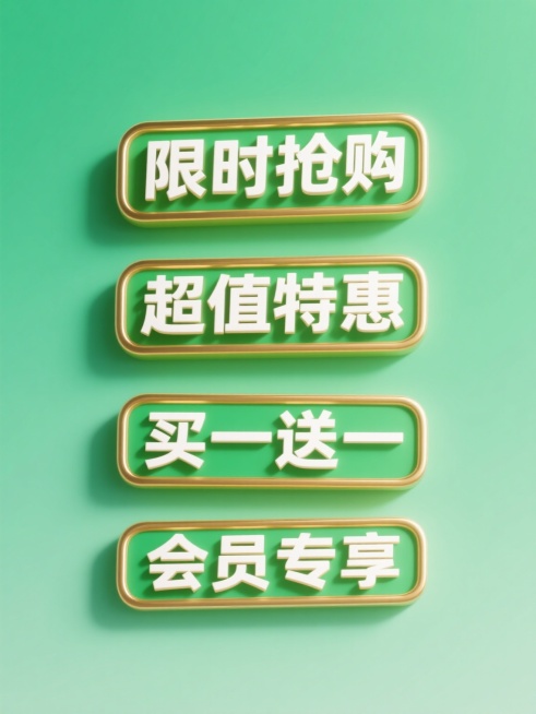 一系列4个不同的促销标签，绿色渐变背景，金色描边和高光，立体浮雕质感，白色文字，包含"限时抢购"、"超值特惠"、"买一送一"、"会员专享"等促销文案，规整排列在纯色背景上，保持与原图一致的3D设计风格、光影效果和视觉层次。预览效果