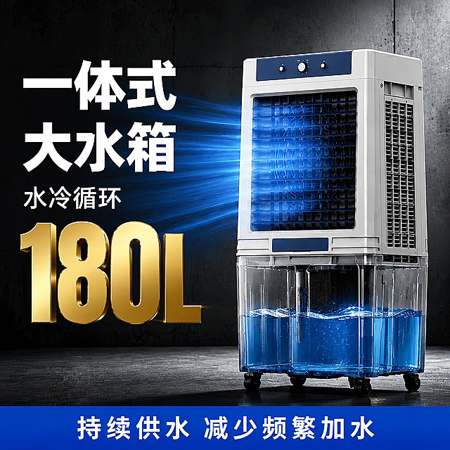 抖音电商爆款主图，工业风产品摄影，1440×1440像素
主体：蓝白工业水冷风机严格参照上传产品图，完整保留顶部旋钮按键、正面黑色格栅、底部万向轮这些外部结构，蓝白配色与上传图完全一致。放置在画面右侧位置，产品占画面约60%。将机身下半部分做透明剖面效果，内部显示出蓝色水位和储水空间结构。正面带有蓝色冷风视觉特效向画面左侧扩散。
构图：左右构图，产品在右侧，左侧预留文字排版区域，正面平视视角。
风格：2024年产品实拍风格，工业风，轻微噪点，去AI感，微单拍摄
文字排版：①画面左侧上方，白色粗黑体大字"一体式大水箱"；②大字下方白色小字"水冷循环"；③再下方超大号金色立体字"180L"；④画面底部蓝色横条，横条内白色文字"持续供水 减少频繁加水"
不添加适用面积和噪音数值相关文字
背景：深灰色工业水泥墙面，地面带有轻微水泥纹理和环境反光
配色：整体色调以深灰色为基底，搭配蓝白冷风机，金色文字点缀；颜色：深灰/蓝白/金色/蓝色
材质：水泥墙面/塑料机身/透明剖面/哑光漆面
光影：主光从斜前方照亮冷风机，剖面结构清晰展示，产品边缘有轮廓光，符合环境光影关系
4K写实，严格锁定宽高比为1:1，整体还原真实实拍质感，去除AI生成痕迹
