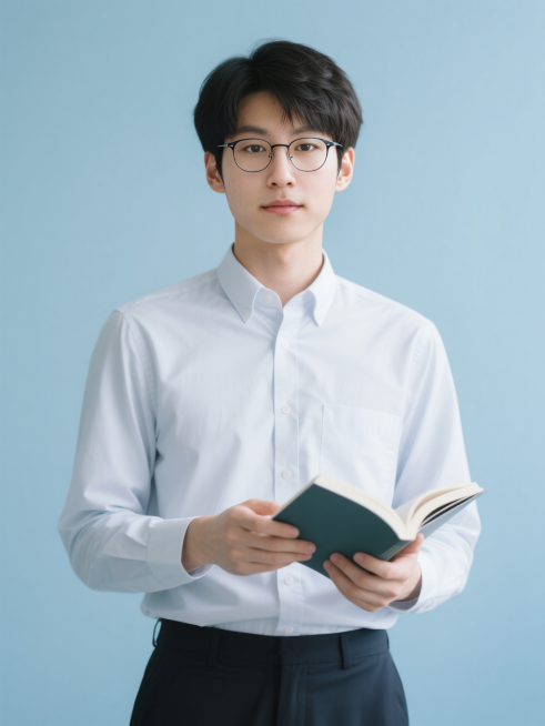 男性讲师职业形象，戴眼镜、穿衬衫，手上拿着书，正面半身照，浅蓝色调背景预览效果