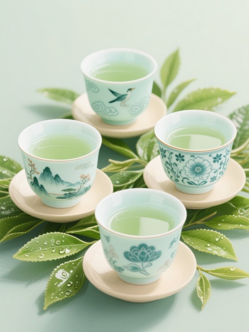 淡雅中国风插画风格，四个不同样式的青瓷茶杯，杯身饰有传统山水、花鸟、祥云、缠枝莲纹样，搭配浅米色杯托，杯中盛有淡绿色茶汤，周围环绕新鲜翠绿带露珠的茶叶，整体色调以青白、淡绿为主，光影柔和，笔触细腻平滑，营造清新雅致的茶文化氛围，构图平衡对称，物体边缘清晰，无文字元素。预览效果