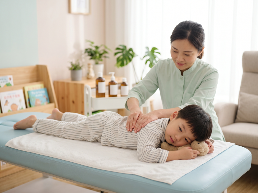 5岁小孩正在进行小儿推拿，画面清新自然，光线柔和温暖，整体氛围干净舒适，场景温馨治愈预览效果