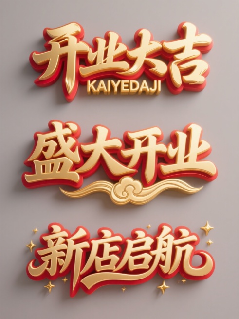 一组三个新店开业主题的立体艺术字设计，每个设计采用不同造型但保持统一风格：第一个为金色立体"开业大吉"书法字体，边缘有红色渐变描边和高光，下方配金色拼音"KAIYEDAJI"；第二个是金色立体"盛大开业"艺术字，字形更具力量感，红色描边更宽，底部有祥云纹理装饰；第三个为金色立体"新店启航"创意字体，笔画带有飘逸的流线设计，红色描边点缀金色星点效果，整体元素在纯色背景上呈横向规整排布，每个设计均……预览效果