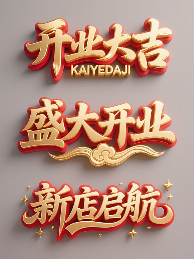 一组三个新店开业主题的立体艺术字设计，每个设计采用不同造型但保持统一风格：第一个为金色立体"开业大吉"书法字体，边缘有红色渐变描边和高光，下方配金色拼音"KAIYEDAJI"；第二个是金色立体"盛大开业"艺术字，字形更具力量感，红色描边更宽，底部有祥云纹理装饰；第三个为金色立体"新店启航"创意字体，笔画带有飘逸的流线设计，红色描边点缀金色星点效果，整体元素在纯色背景上呈横向规整排布，每个设计均保持金属质感、光影渐变和喜庆氛围。