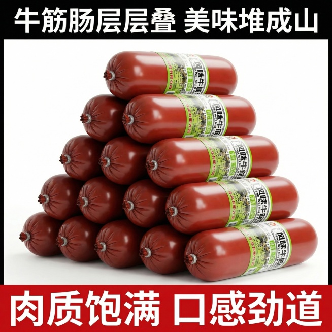我的产品是牛筋肠，帮我做10张主图产品堆积起来突出产品多预览效果