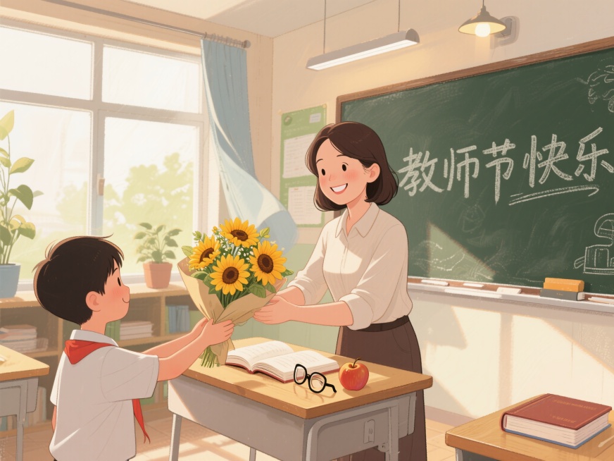 温馨的教师节场景，一位充满智慧的女老师站在讲台前，微笑着接受一位学生献上的向日葵花束，讲台上放着翻开的书本、眼镜和一个苹果，黑板上写着“教师节快乐”的艺术字，背景是洒满阳光的教室，窗外有绿植，柔和的灯预览效果