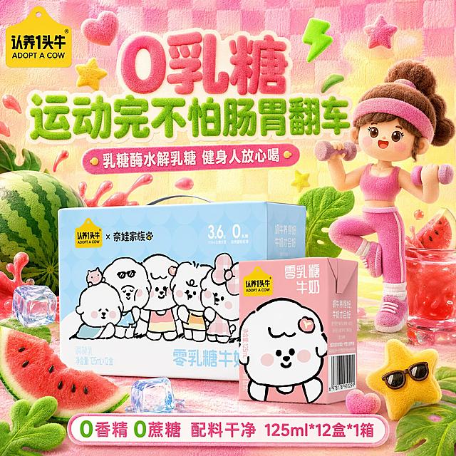 毛绒质感3D卡通风格电商主图，参考图1的毛绒膨胀可爱视觉语言，整体毛茸茸软萌质感，色彩鲜艳饱和度高。画面主体：1箱认养一头牛零乳糖牛奶整箱（蓝色包装带奈娃家族卡通小狗图案）和1盒粉色零乳糖牛奶单盒摆放在画面中下部，产品外观、颜色、图案、品牌标识与输入产品图完全一致，无变形无色差，精细化处理。画面右侧有一个可爱的毛绒质感小女孩正在做健身运动（举哑铃/瑜伽动作），表情活力开心，穿着运动服。夏季西瓜氛围：画面中有大西瓜、西瓜切片、西瓜汁飞溅、冰块、绿色叶子、阳光光斑等夏日元素，营造清凉夏季感觉。背景是粉黄渐变棋盘格毛绒质感背景，点缀毛绒星星、闪电、爱心等装饰元素，画面视觉丰富饱满。左上角放置认养一头牛品牌Logo。文字排版：主标题"0乳糖 运动完不怕肠胃翻车"用高饱和度粗体大字，色彩鲜艳饱和度高，放在画面上方醒目位置；次标题"乳糖酶水解乳糖 健身人放心喝"放在主标题下方，字号稍小；底部文案"0香精 0蔗糖 配料干净 125ml*12盒*1箱"放在画面底部。所有文字清晰可读，不遮挡产品主体。商品主体占比约60%。光影柔和明亮，夏日阳光感，整体风格可爱活泼充满夏日运动活力。800*800正方形构图。