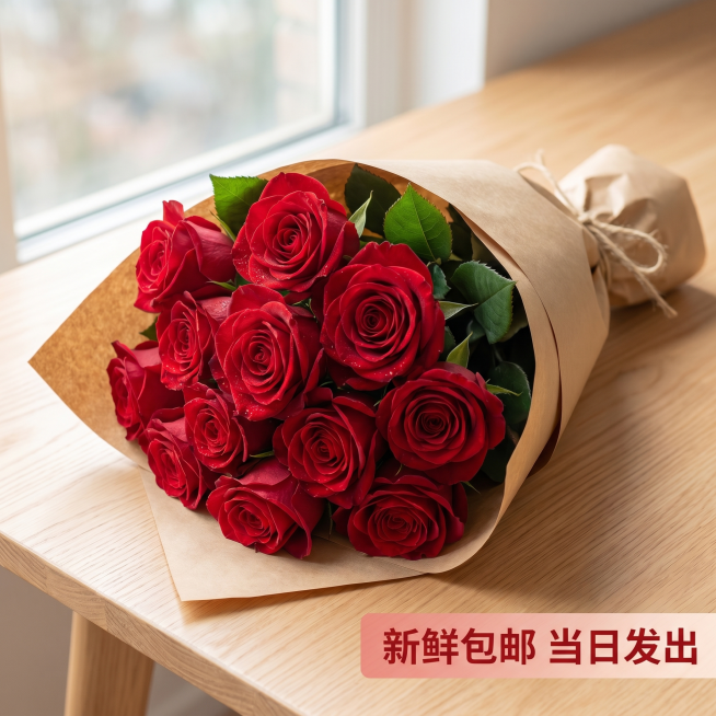 [主图 4] 高原红玫瑰花花束展示；[氛围风格] 温馨舒适简约治愈风；[画质] 商业摄影质感、光线柔和通透、产品清晰真实、画面干净高级；[元素] 整束包装好的高原红玫瑰花束放置在浅色木质桌面，花束包含预览效果