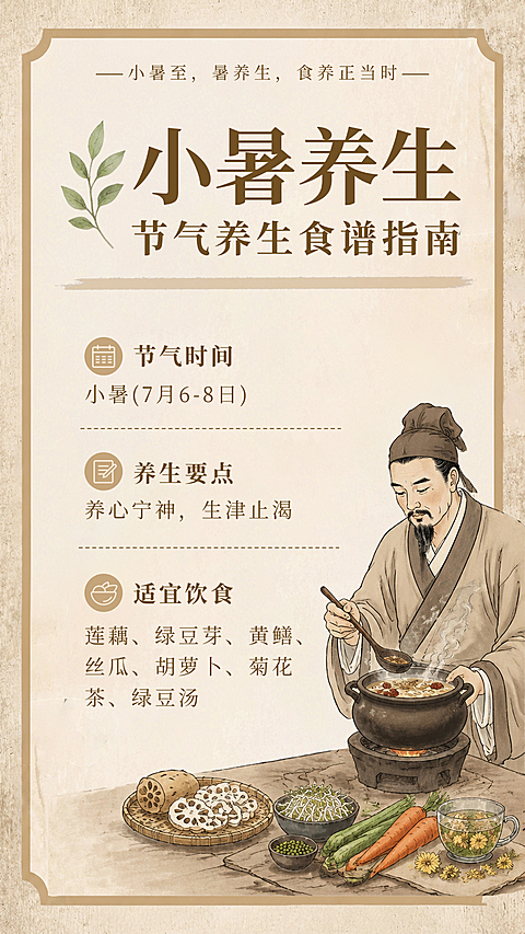 小暑节气养生食谱指南古风手机竖版海报