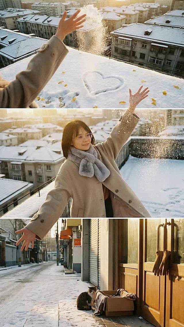 胶片风冬日暖阳，雪地心形与猫咪静卧，光影温柔交织，营造浪漫温馨的实景感与清透诗意。