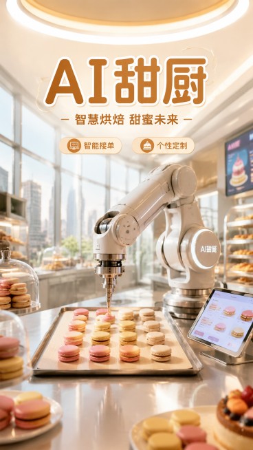 AI甜品制作店未来职业宣传海报，主标题"AI甜厨"，副标题智慧烘焙 甜蜜未来，卖点标签：智能接单、个性定制，写实商业摄影风格，明亮干净暖色调，居中构图，智能机器人手臂正在制作马卡龙，背景是通透的玻璃落预览效果