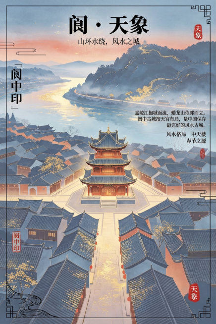 在这张阆中古城中天楼国风金箔画图片上，按要求添加文字排版：主标题'阆・天象'使用粗黑体或宋体，副标题'山环水绕，风水之城'使用细体，正文文案'嘉陵江抱城而流，蟠龙山依郭而立。阆中古城按天宫布局，是中国预览效果