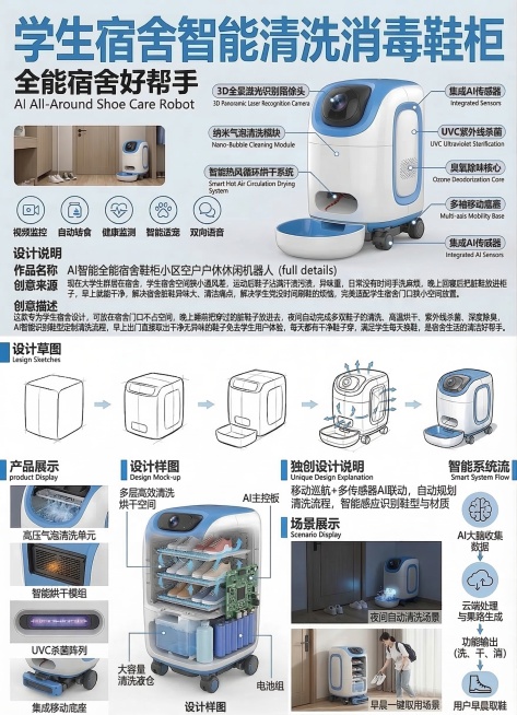 修改海报：删除设计说明板块和下方所有英文文字，将创意来源和创意描述进行详细扩写。
创意来源详细描述：现在大学生群居在宿舍，学生宿舍空间狭小通风差，运动后鞋子沾满汗渍污渍，异味重，日常没有时间手洗麻烦，预览效果