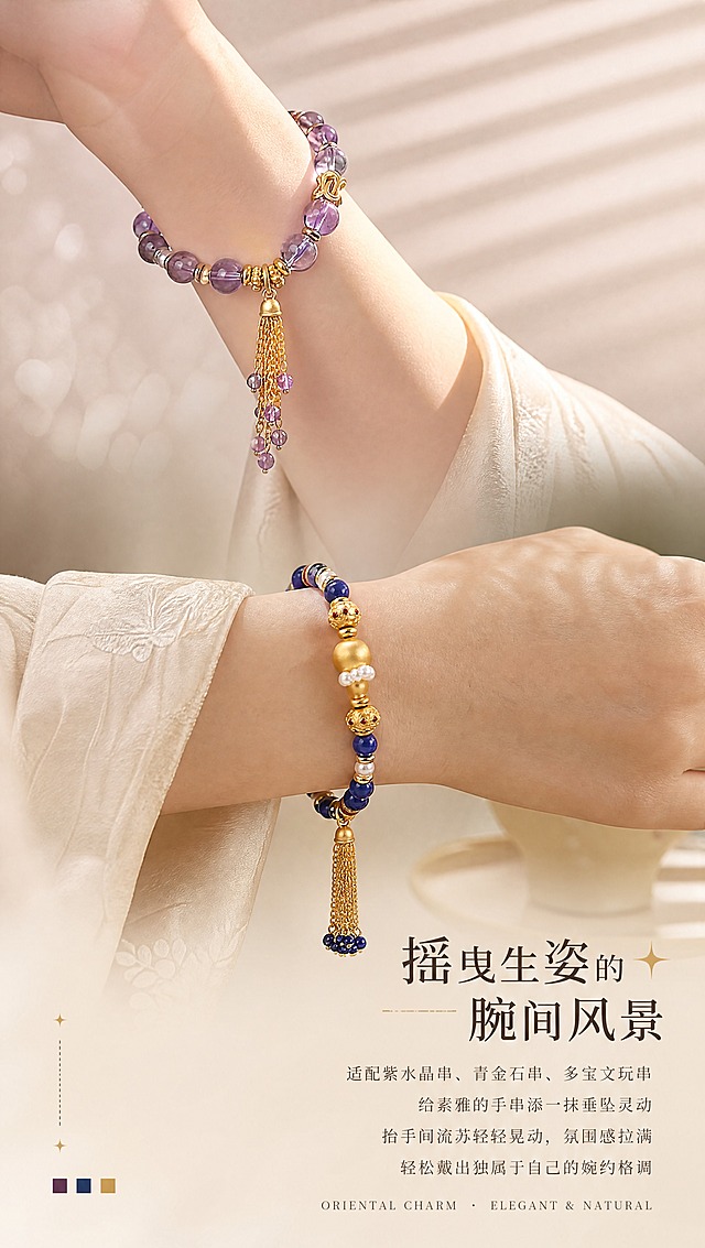 [商品] 使用【图5】紫水晶手串佩戴特写 + 【图9】青金石手串佩戴特写，上下双场景拼接；保留手串珠子、古法金配件、流苏的完整结构与颜色；产品100%还原原始造型、尺寸比例、金属肌理，禁止变形改结构。
[画面] 页面目标：上手佩戴效果页，展示手串搭配氛围感。构图：上下双场景拼接，产品占75%，底部文案区占25%。主体位置：上半部分紫水晶手串V形垂挂（占40%），下半部分青金石手串横向佩戴（占35%），两个场景之间用渐变光影自然过渡无硬分割线。主体占比：约75%。阅读动线：从上到下，先看紫调温柔场景，再看蓝绿古韵场景，最后读文案。前中后景：前景手串与流苏清晰，后景米杏色背景+统一百叶窗光影。
[视觉] 套系策略：风格=东方雅致高级珠宝摄影风，温润米杏暖调；标题字=设计感宋体（笔画粗细对比+星光装饰）；正文字=细宋体；主色=米杏暖灰#F2EEE8；背景延展=上下统一百叶窗光影条纹+柔焦光斑，上半部分偏紫调暖光，下半部分偏深蓝绿调暖光，中间自然过渡；强调色=古法金暖金色#C9A456，仅用于星点装饰、引线、小色块；标题色=深棕#3A2F24；正文色=中棕#6B5A48；组件=星点星光、点状虚线、彩色小方块、全大写衬线英文；光影=统一暖调光影，百叶窗条纹方向一致，流苏垂坠处有自然动态感。
[文字] 底部偏右错落排版：主标题"摇曳生姿的腕间风景"（中号宋体）+ 4行正文："适配紫水晶串、青金石串、多宝文玩串 / 给素雅的手串添一抹垂坠灵动 / 抬手间流苏轻轻晃动，氛围感拉满 / 轻松戴出独属于自己的婉约格调"。最底部英文小字（全大写衬线体）。全部文字横排，不遮挡产品主体。
[规格] 宽850px，高1500px竖版，4K，负向提示：避免产品过小、四周大面积空白、平淡纯色背景、上下场景光影不统一、金属发白。
