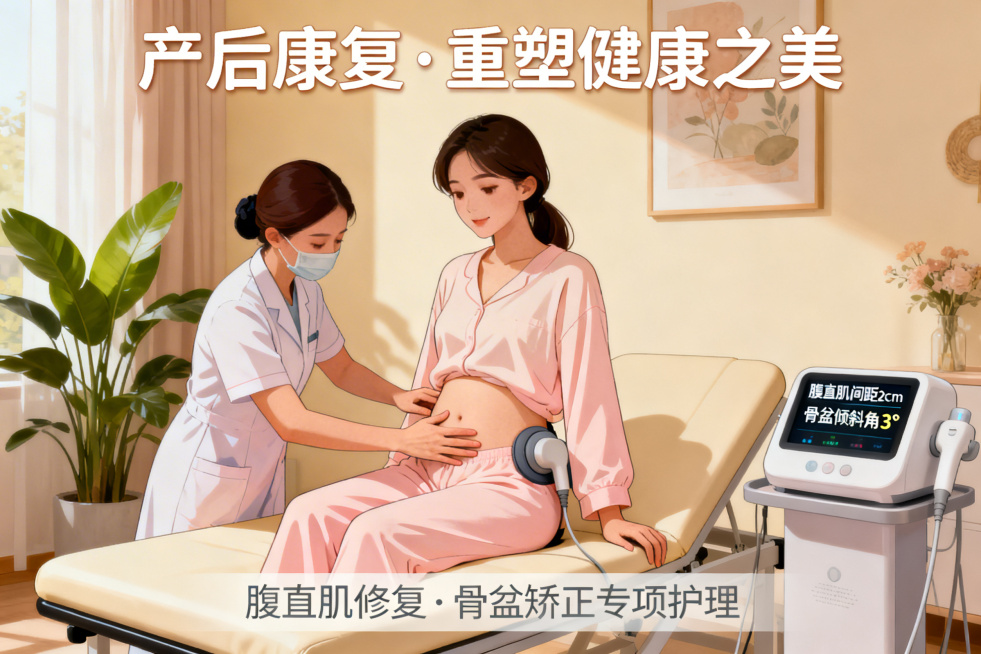 产后康复宣传图，展现产后女性进行腹直肌修复、骨盆矫正的康复场景，搭配温馨柔和的画面氛围，传递专业呵护的安全感预览效果