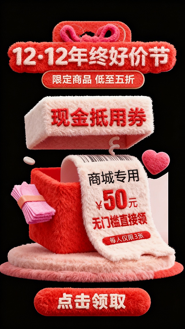 毛绒质感3D卡通风设计，融合重拟物与面料纹理，营造喜庆可爱氛围，突出12·12年终促销优惠，强化现金券领取的促销感。