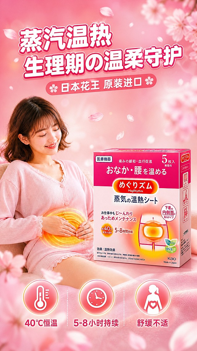 [商品] 使用【图1】日本花王蒸汽暖宫贴产品包装盒；保留玫红与白色配色、日文包装文字、花王Logo、5枚入无香料标识、蒸汽温热贴图案；产品处理：清晰化包装文字，增强盒体质感与立体感，保持原有结构比例和颜色。
[画面] 页面目标：美感头图，营造日系温馨氛围，突出产品核心价值。产品海报型版式，产品包装盒位于画面右下侧，占画面约35%，微仰视角度。左侧为一位穿着浅粉色家居服的亚洲年轻女性半身像，闭眼微笑，双手轻放在小腹位置，小腹处有暖黄色热敷光晕。背景为粉色渐变柔光，点缀飘落的樱花花瓣和柔和光斑。底部横向排列3个圆形利益icon。整体画面≥3层视觉层次：前景花瓣、中景人物与产品、背景渐变光晕。
[视觉] 套系策略：风格=日系温馨商业摄影，粉色暖调氛围感；标题字=圆润无衬线粗体；正文字=简洁无衬线体；主色=玫粉色；背景延展=基于玫粉色做深浅渐变、同色系光晕和细腻柔光质感，点缀樱花花瓣；强调色=暖橙黄色，仅用于热敷光晕、图标点缀和标签；标题色=白色配玫粉色描边；正文色=深粉色；组件=圆角半透明信息卡、圆形图标、细线引线；光影=左前侧暖柔光，产品边缘有自然高光，热敷光晕呈现温暖发光效果。
[文字] 左上位置主标题"蒸汽温热 生理期の温柔守护"，副标题"日本花王 原装进口"。底部3个圆形利益icon从左到右："40℃恒温"、"5-8小时持续"、"舒缓不适"。文字均为横排，放在负空间，不遮挡产品和人物面部。
[规格] 图片比例9:16竖版，2K，medium。负向：变形、错字、文字过小、产品颜色改变、包装文字错乱、人物面部扭曲、手指畸形、冷蓝背景、水印、平台Logo。
