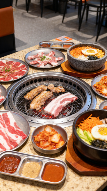 重新生成真实门店场景的韩式烤肉，餐桌上烤盘架着炭火，摆着多款生肉拼盘和熟烤五花肉，周围放着石锅拌饭、部队火锅等韩餐配菜，氛围热闹有烟火气，实拍质感清晰自然预览效果