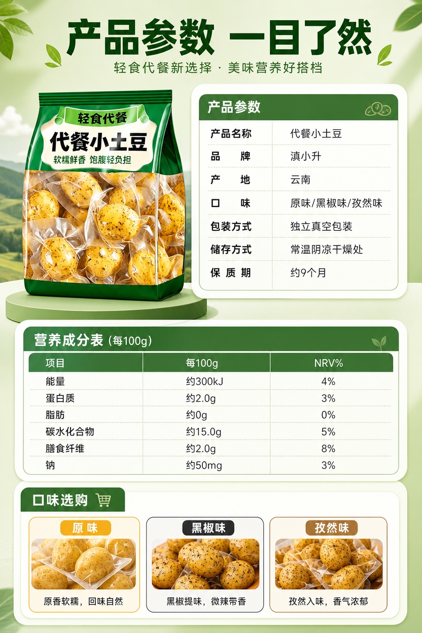 [商品] 使用【图2】绿色代餐小土豆外包装袋作为产品图，放在左… - 图片创意预览