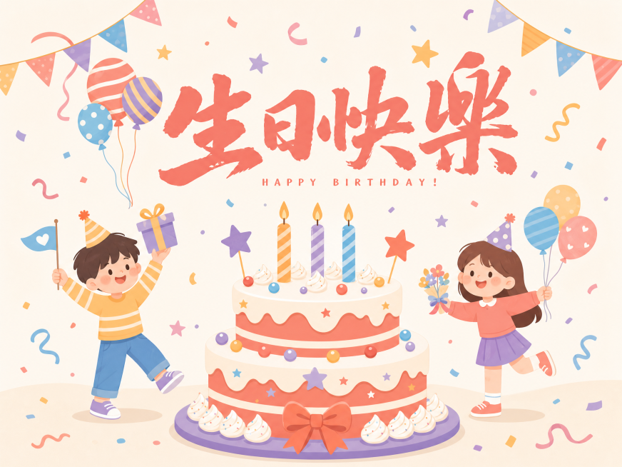 在这张生日图中添加两个和现有画风一致的卡通小人，让小人参与生日庆祝，增加少许同风格小装饰，优化画面配色，调整为适合男女老少通用的生日模板，比例调整为4:3预览效果