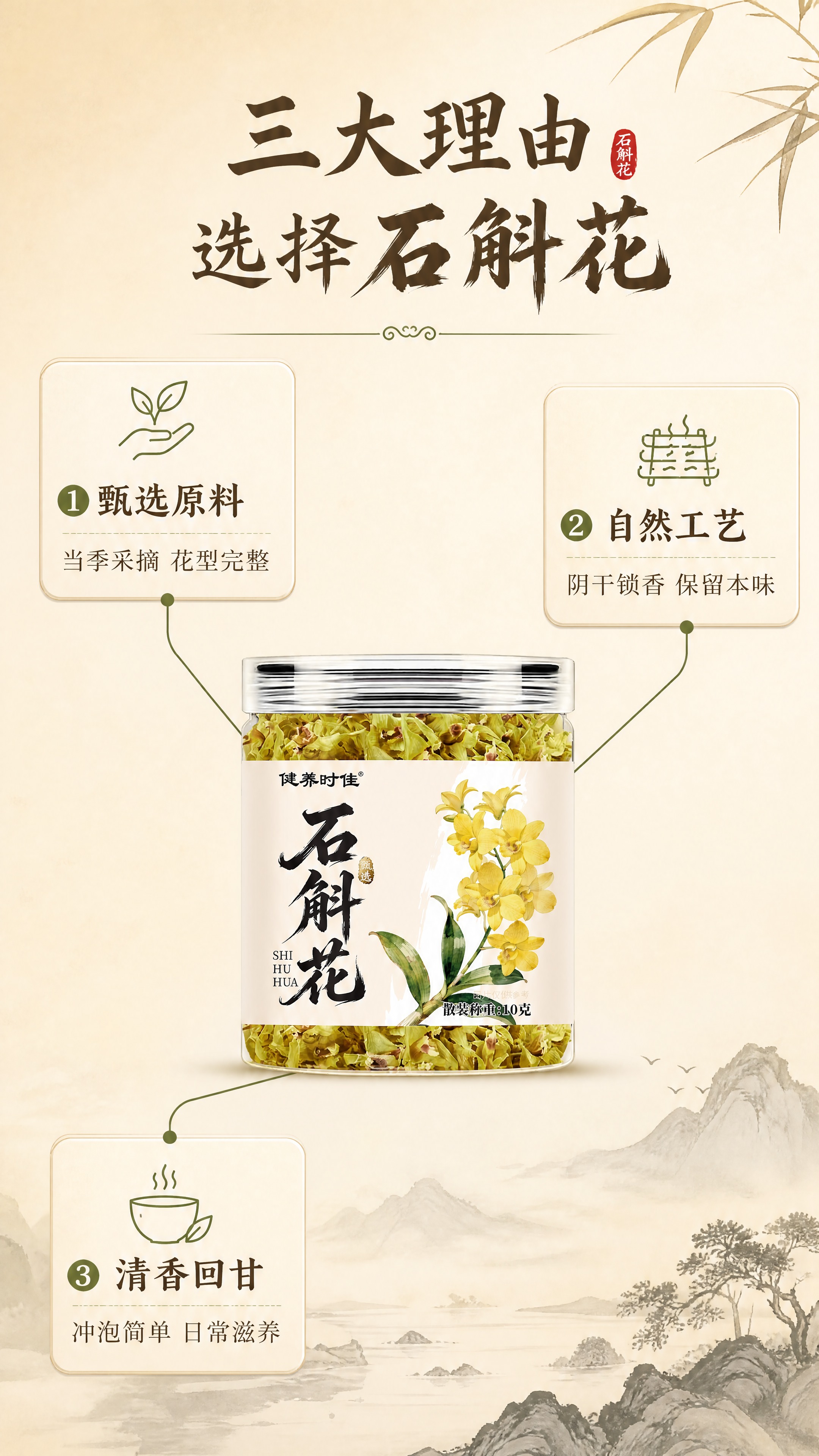 [商品] 使用【图1】健养时佳石斛花产品罐，居中展示；保留产品… - 图片创意预览