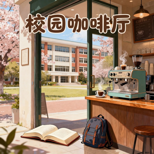 在现有校园咖啡馆插画基础上，在画面顶部添加圆润可爱的艺术字体文字“校园咖啡厅”，文字颜色为深棕色，和整体温馨年轻风格保持一致，不破坏原有构图预览效果