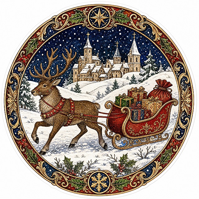 Christmas sticker, medieval illuminated manuscript style, a Christmas reindeer pulling a sleigh full of gifts through snow, winter scene, circular composition 800x800, brown reindeer and red sleigh and snow white colors, medieval winter scene style, isolated on clean white background, e-commerce sticker design, high detail