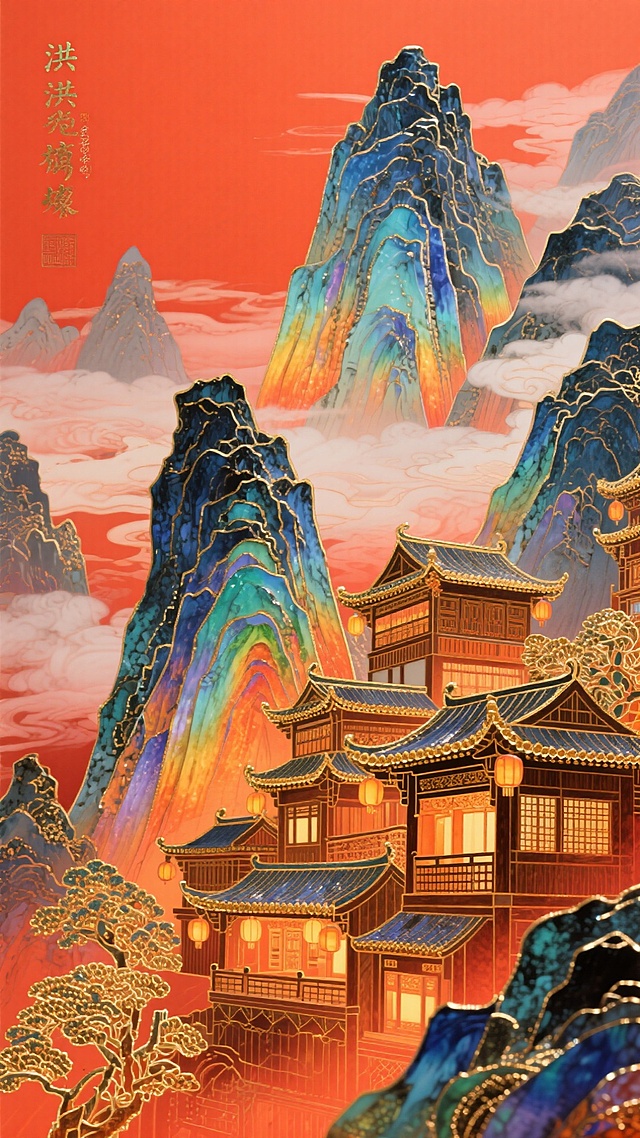 山脉+洪崖洞，橙红色背景