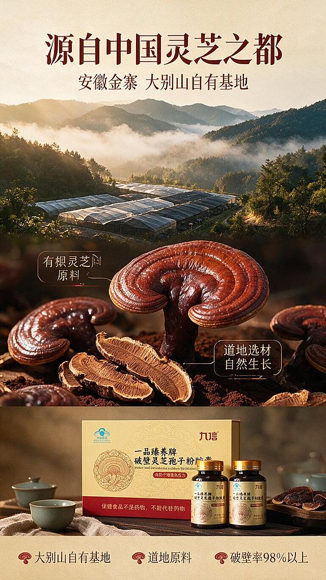 [商品] 使用【图6】一品臻养牌破壁灵芝孢子粉胶囊（礼盒+双瓶装）；保留金色礼盒、深棕瓶身、金色瓶盖、九信Logo、蓝帽标识、产品名称文字、灵芝纹样；产品结构、颜色、材质、文字保真，产品在画面中作为辅助元素，占比约20%。
[画面] 页面目标：成分/产地专张，道地原料溯源，建立产地信任。构图：上中下三段式，上段大别山金寨山林场景（云雾缭绕的灵芝种植基地）占画面40%，中段灵芝原料微距特写（整朵赤芝+切片纹理）占画面40%，下段产品小图+文案占20%；核心原料与产地元素放大占主画面≥60%，产品包装仅作辅助。≥3层视觉层次：远景山林、中景灵芝、前景产品+文字。
[视觉] 套系策略：风格=中式滋补高级商业摄影，暖金调，禅意温润；标题字=宋体衬线粗体（厚重典雅）；正文字=简洁无衬线体；主色=暖金+深棕红；背景延展=基于暖金做深浅层级、同色渐变、木质/宣纸质感；强调色=中国红，仅用于小面积标签、图标、引线高亮；标题色=深棕红；正文色=暖深灰；组件=圆角金线信息卡、细线引线、灵芝纹装饰元素；光影=自然暖光，山林晨雾柔光，原料侧光突出纹理。
[文字] 上部大标题"源自中国灵芝之都"（8字），副标题"安徽金寨 大别山自有基地"（11字）；中部原料区配文字标签："有机灵芝原料""道地选材 自然生长"；下部3个卖点横排："大别山自有基地""道地原料""破壁率98%以上"；所有文字横向排版，字号保证手机端可读。
[规格] 图片比例9:16竖版，分辨率1K，负向：变形、错字、文字过小、冷蓝背景、产品文字错乱、虚假产地承诺、绝对化用语。