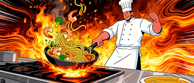 超大透视卡通风格，一个壮硕的厨师在烟火弥漫的后厨里猛火颠锅，穿着笔挺的白色厨师服，炒锅里的意面、虾仁与蔬菜在火焰中飞溅而出，灶火的热浪让空气都泛起扭曲的波纹，整体具有速度感和运动感