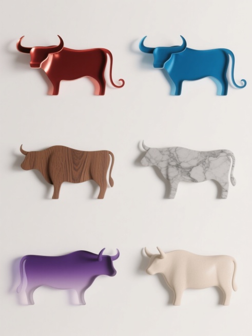 极简风格的六个不同配色、不同样式、不同材质的牛造型设计，每个牛均采用类似原图的抽象剪影风格，头部有弯曲牛角，身体呈流畅曲线，尾巴自然卷曲，整体线条简洁有力。六个牛分为上下两行整齐排列，每行三个，间距均匀。每个牛造型拥有独特的材质表现：如光滑金属质感、磨砂塑料质感、木纹肌理、大理石纹理、渐变亚克力质感、以及哑光陶瓷质感，且每个材质搭配鲜明且各不相同的配色，如红色金属牛、蓝色磨砂牛、棕色木纹牛、灰……预览效果
