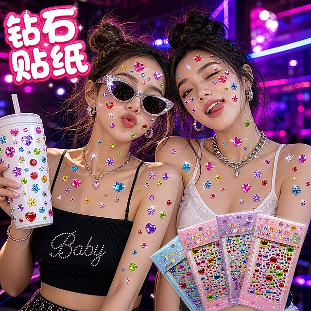 第2款 夜店闪光灯辣妹造型

1:1 正方形商品主图，美式夜店甜辣风，闪光灯直打，背景深紫蓝与玫红霓虹虚化，整体高亮通透，人物肤色与钻面爆闪，不暗沉不脏灰。
画面主体为两位年轻少女亲密同框，美式辣妹妆容，眼神自信，一人戴银色猫眼墨镜，穿黑色细肩带短上衣，一人穿白色蕾丝吊带，戴粗链条项链和银色耳环，两人姿态松弛，表情酷甜搞怪。脸部、眼周、脸颊、颈部、肩膀、手臂和胸口自然错落粘贴彩色高亮钻石贴纸，大颗爱心钻、圆形钻、花朵钻、星星钻与小碎钻混合分布，贴纸边缘与皮肤自然贴合。每颗钻石贴必须极致提亮，呈高透清水晶爆闪质感，切面反光锐利，亮白高光面积大，银白星芒、彩色棱镜折射明显，红、粉、蓝、黄、紫、绿各色钻饱和鲜亮，钻缝和钻边浅亮透明，无黑灰暗部、无脏污感、无重黑轮廓。人物可手持白色冰霸杯，杯身贴满同款亮钻，杯身高光与钻石爆闪互相呼应。背景只保留克制霓虹色块和轻微光斑，不抢人物。画面右下角陈列四款钻石贴纸包装，以小扇形错落排列，占画面约 15%–20%，包装内贴纸同样明亮通透，不发暗不发黑，与人物身上钻贴质感完全统一。画面顶部偏侧仅出现 "钻石贴纸" 四字，使用甜酷气泡字体，白色字面、玫粉描边，避开人物脸部、核心贴钻和产品区。