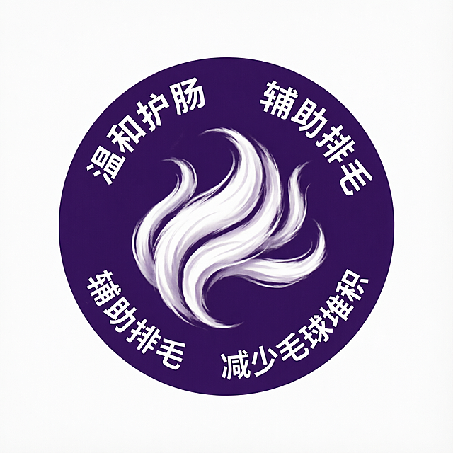专业宠物产品徽章设计：深紫色圆形背景（#4A2566），中心为三缕白色抽象毛发图案，外圈均匀环绕白色无衬线字体文字：'温和护肠・辅助排毛・减少毛球堆积'，文字分三段，间隔对称，整体简洁清晰, 透明背景