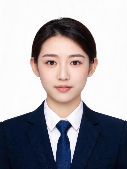 亚洲年轻女生，年龄20到30岁左右，正面免冠标准商务证件照，胸部以上胸像构图，人物居中端正，双肩平齐，平视镜头，表情自然平和，露出双耳与眉毛。身穿剪裁合身的藏青色正装西装外套，内搭挺括纯白色正装衬衫，预览效果