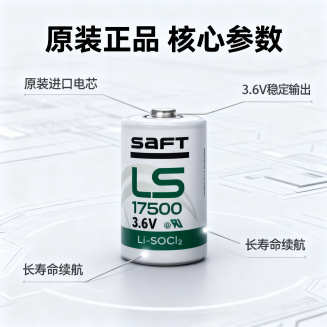 [主图 2 核心卖点] 主图主题：SAFT LS17500锂电池核心卖点展示；氛围风格：专业3C数码工业风，冷调光影，高级质感，和第一张主图风格统一；画面元素：锂电池产品居中，用极细银色引线标注产品核预览效果