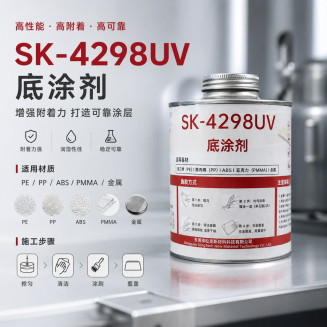 制作商业海报，包含该SK-4298UV底涂剂商品，添加精简的信息图元素，使用高质感配色，采用f/2.8光圈拍摄效果，打造柔和景深，照片写实风格，无畸变预览效果