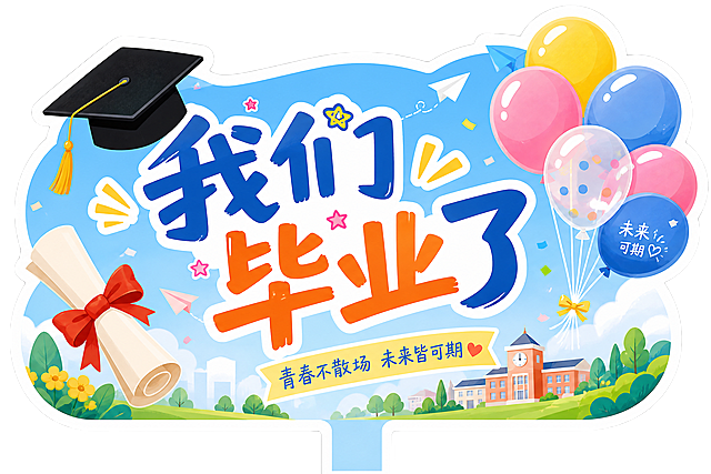 横式异型毕业举手牌，尺寸0.6x0.4米，文字为“我们毕业了”，积极向上风格，点缀气球和毕业证元素，毕业主题