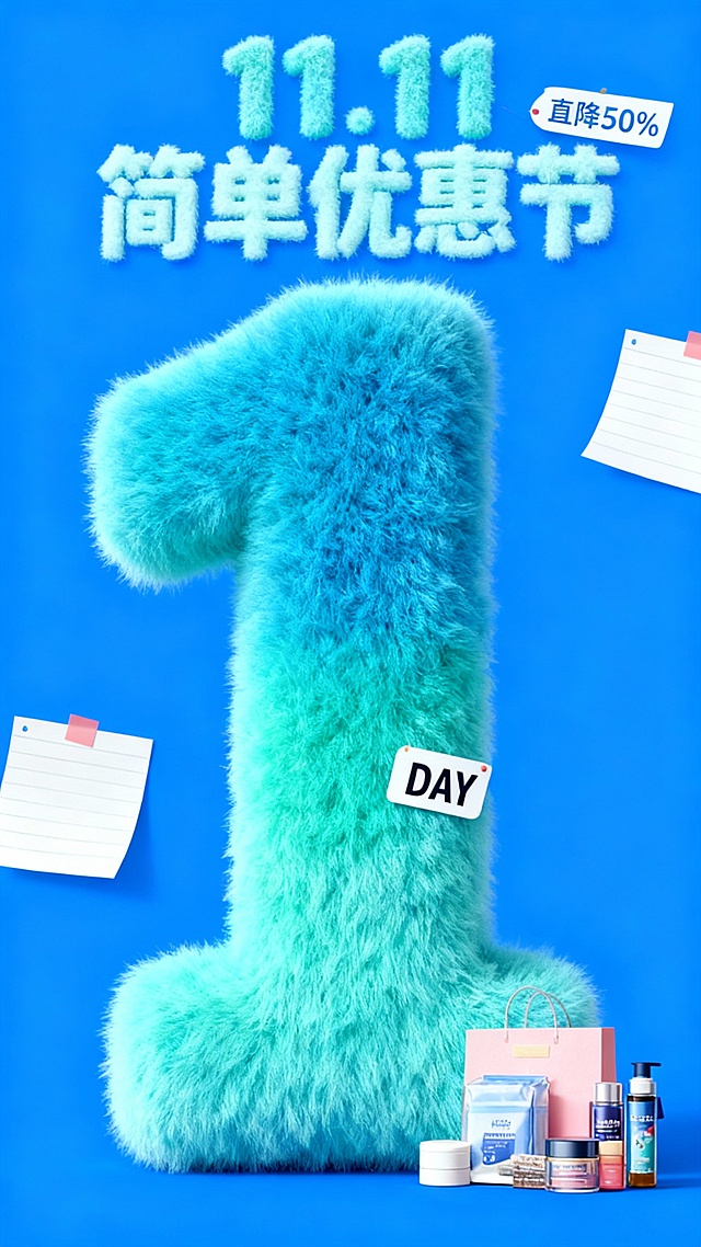主视觉为一个蓝绿色渐变毛绒材质的“1” ，“DAY”标签位于数字“1”上，商品位于画面右下角，背景是高饱和蓝色结合便签纸元素，画面上方为毛绒主标题“11.11 简单优惠节”，“直降50%”便利贴装饰。
