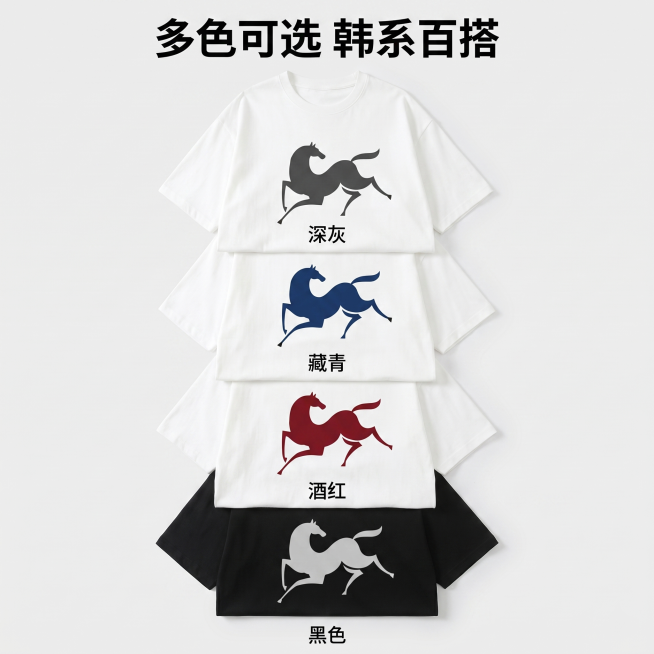 [主图-3] 多色款式集合展示
[氛围风格] 清晰直观，韩系简约干净
[画质] 商业摄影质感，光线柔和通透，产品清晰真实，画面干净高级
[元素] 将四款不同颜色的本款T恤平铺排列，从上到下依次为白色灰预览效果