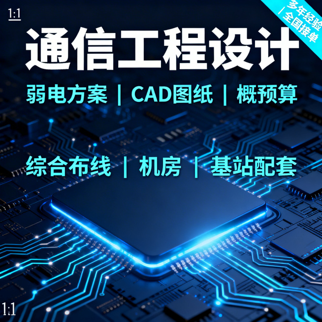 通信工程设计服务电商主图，首要目标是在搜索结果页中一眼抓住用户注意力。整体为1:1正方形构图，背景采用深蓝色科技风格，带有电路板纹理和发光的通信线路光效，科技感浓郁。顶部核心信息区放置大号白色加粗字体预览效果