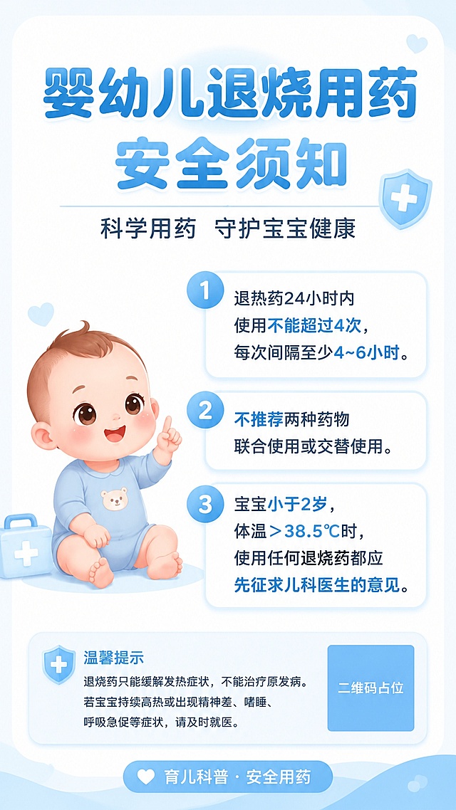 竖版育儿科普海报，白底浅蓝柔和配色，干净极简医疗风，无多余装饰，清晰文字排版，温和圆润字体。画面左侧或侧边绘制简约卡通小宝宝插画，宝宝形象可爱温馨。主标题为"婴幼儿退烧用药安全须知"，字体稍大，浅蓝高亮。副标题为"科学用药 守护宝宝健康"，位于主标题下方。三条用药须知以序号形式清晰排列，重点文字轻微高亮显示：1、"退热药24小时内使用不能超过4次，每次间隔至少4~6小时。" 2、"不推荐两种药物联合使用或交替使用。" 3、"宝宝小于2岁，体温＞38.5℃时，使用任何退烧药都应先征求儿科医生的意见。" 底部有"育儿科普 · 安全用药"小标签。整体柔和光影，色调舒适护眼，无恐怖元素，适合手机查看，版式精美，四周留足安全边距。画面中所有数字必须精确渲染，不得出现错位、遗漏或编造的数字。画面中所有二维码区域使用纯色方块占位符呈现，方块中央标注"二维码占位"文字，严禁生成任何可识别的二维码图案。画面中所有信息区域必须填充完整合理的内容，不得出现空白框或待填写区域。