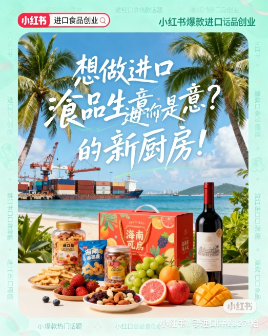 想做进口食品生意？海南是你的新厨房！  请帮忙生成一张图片，需要发布到小红书上面的预览效果