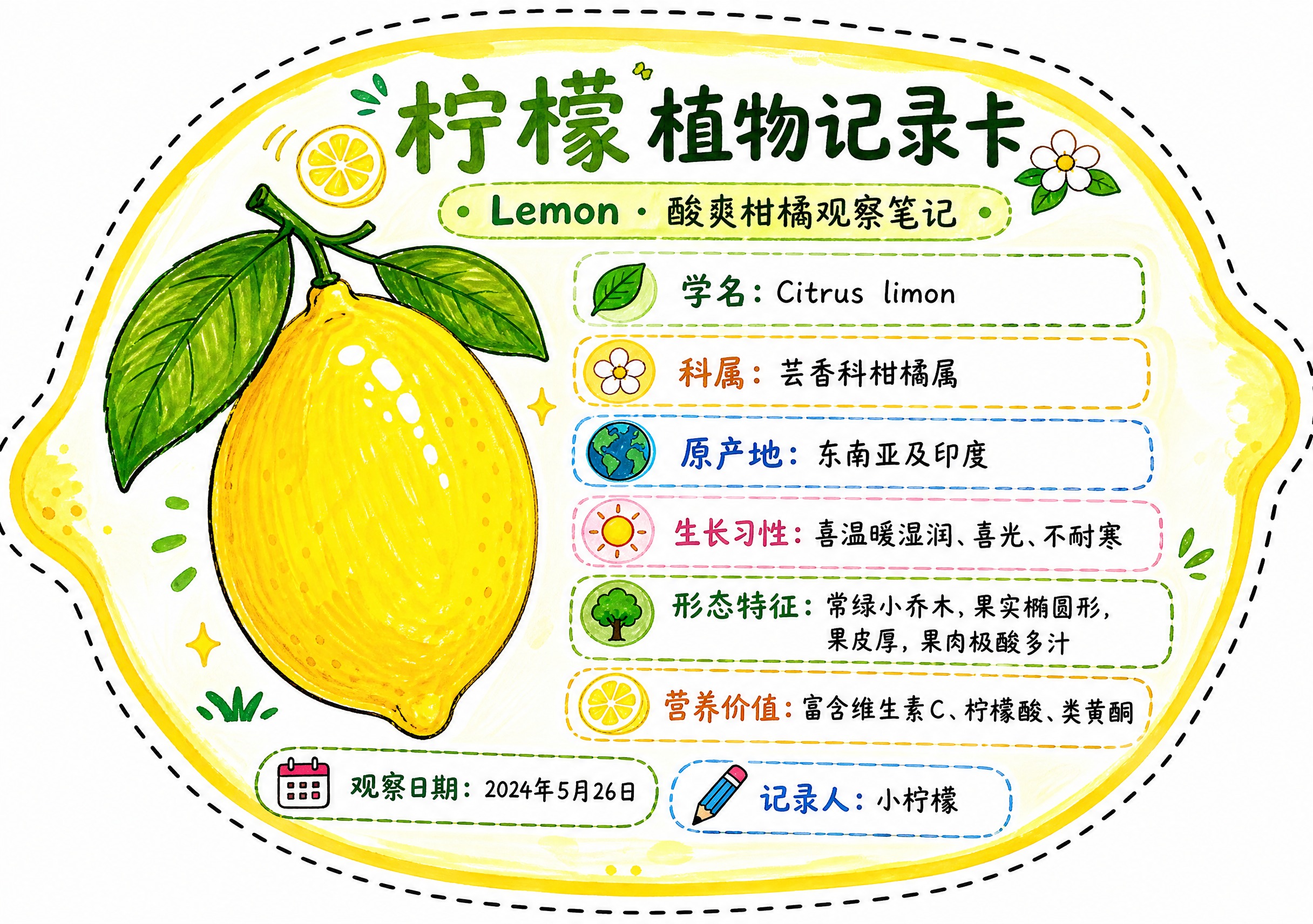 一张柠檬异形植物记录卡，整体为柠檬轮廓造型，沿柠檬外轮廓有一圈… - 图片创意预览