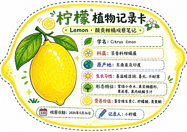 一张柠檬异形植物记录卡，整体为柠檬轮廓造型，沿柠檬外轮廓有一圈黑色模切虚线，白底背景，马克笔手绘风格。画面中央偏上位置有大标题文字"柠檬 植物记录卡"，下方有副标题"Lemon · 酸爽柑橘观察笔记"。卡内左侧手绘一个完整的柠檬插画，马克笔上色，色彩鲜艳，亮黄色椭圆形果实带两端突起，顶部有绿色叶子和果柄，带手绘线条质感。右侧和下方分布植物信息文本框，内容包括："学名：Citrus limon"、"科属：芸香科柑橘属"、"原产地：东南亚及印度"、"生长习性：喜温暖湿润、喜光、不耐寒"、"形态特征：常绿小乔木，果实椭圆形，果皮厚，果肉极酸多汁"、"营养价值：富含维生素C、柠檬酸、类黄酮"。底部有两个填写栏："观察日期：____"、"记录人：____"。整体风格为儿童科普手绘风，马克笔笔触明显，色彩明快，白底干净，排版精美，信息清晰易读，无水印。画面中所有信息区域必须填充完整合理的内容，不得出现空白框或待填写模板。