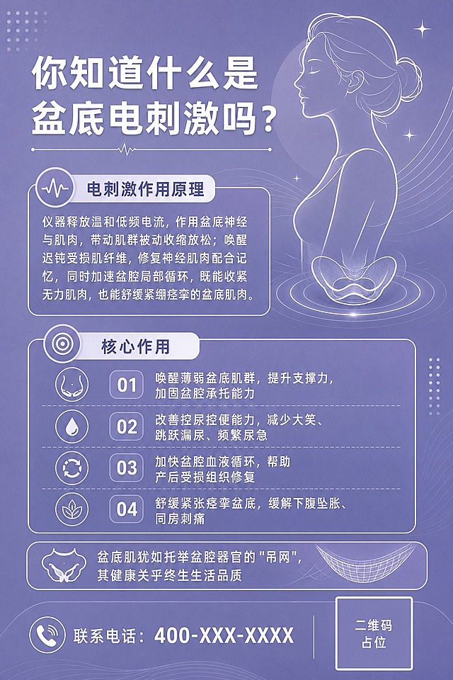 A4竖版医疗科普海报，整体以灰紫色（参考图颜色）为主色调，白色线条和文字为辅助，风格简洁专业、医学感强。版式布局：左上角放置主标题，右上角是女性盆底健康相关的人物主视觉插画（优雅女性侧面或半身剪影，白色线条勾勒），中间和下方为科普内容区域，底部是联系电话和二维码区域，排版合理有序。

画面中必须完整呈现以下文字信息：
主标题："你知道什么是盆底电刺激吗？"

板块一标题："电刺激作用原理"
内容："仪器释放温和低频电流，作用盆底神经与肌肉，带动肌群被动收缩放松；唤醒迟钝受损肌纤维，修复神经肌肉配合记忆，同时加速盆腔局部循环，既能收紧无力肌肉，也能舒缓紧绷痉挛的盆底肌肉。"

板块二标题："核心作用"
01 唤醒薄弱盆底肌群，提升支撑力，加固盆腔承托能力
02 改善控尿控便能力，减少大笑、跳跃漏尿、频繁尿急
03 加快盆腔血液循环，帮助产后受损组织修复
04 舒缓紧张痉挛盆底，缓解下腹坠胀、同房刺痛

底部结语："盆底肌犹如托举盆腔器官的"吊网"，其健康关乎终生生活品质"

底部左侧："联系电话：400-XXX-XXXX"
底部右侧：二维码占位符（纯色方块+中央标注"二维码占位"文字）

视觉风格：灰紫色渐变背景，白色细线装饰元素（几何线条、波浪线、盆底肌抽象示意图），文字清晰易读，医疗科普专业感，版式精美，四周留白舒适，信息层级分明。画面中所有信息区域必须填充完整合理的内容，不得出现空白框或待填写区域。画面中所有二维码区域使用纯色方块占位符呈现，方块中央标注"二维码占位"文字，严禁生成任何可识别的二维码图案。