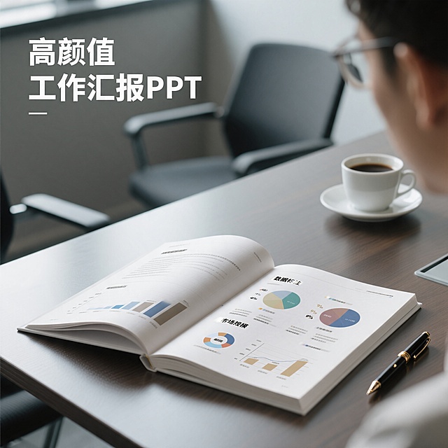 电商主图，手机拍摄质感，一本打开的PPT打印册放在会议桌上，书页上能看到"数据标注""市场规模"等标题和图表。旁边放着一支钢笔和一杯咖啡。图片左上角用简洁字体写着"高颜值工作汇报PPT"