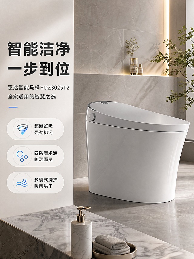 [商品] 使用【图1】惠达卫浴智能马桶HDZ3025T2；保留一体式流线型外观、银灰色盖板、侧面圆形旋钮按键、整体比例与陶瓷光泽材质；产品朝向符合真实安装使用，不改变结构与颜色。
[画面] 目标：头图海报，建立高端智能马桶第一印象。构图：左文右景，左侧约1/3竖列文案区，右侧现代轻奢卫浴大场景+产品主体居中偏右；产品占画面约55%，45°侧视角度展示全貌；前景大理石台面洗漱用品，中景智能马桶，后景浅灰色瓷砖墙面+暖光壁灯+绿植点缀，营造干净高级的卫浴空间氛围；阅读动线从左上主标题向下浏览到右侧产品。
[视觉] 套系策略：风格=现代简约科技感商业摄影；标题字=无衬线粗体中文；正文字=简洁无衬线体；主色=高级灰+陶瓷白；背景延展=基于浅灰做深浅层级、同色渐变和细腻石材/瓷砖质感；强调色=科技蓝，仅用于小面积图标、引线和功能标签；标题色=深炭灰；正文色=中暖灰；组件=圆角浅底信息卡、细线引线、胶囊形卖点框；光影=左前侧暖柔光+产品轮廓光，陶瓷表面有自然环境反射。
[文字] 左上竖列文案区：主标题「智能洁净 一步到位」，副标题「惠达智能马桶HDZ3025T2 全家适用的智慧之选」，下方3条亮点胶囊：「超漩虹吸 强劲排污」「四防魔术泡 防溅隔臭」「多模式洗护 暖风烘干」；文字不遮挡产品主体，手机端清晰可读。
[规格] 图片比例3:4竖版，4K分辨率，避免变形、错字、文字过小、冷蓝/蓝灰背景主导、产品颜色改变、结构失真、出现极限词或平台Logo。