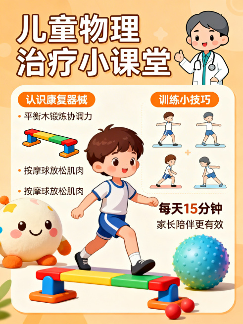 儿童物理治疗科普图文，风格活泼童趣，暖色调，画面包含卡通医生、正在做康复训练的小朋友、可爱的康复器械元素，配清晰的科普板块分区，文字易懂适合家长和孩子阅读，整体氛围温暖积极预览效果